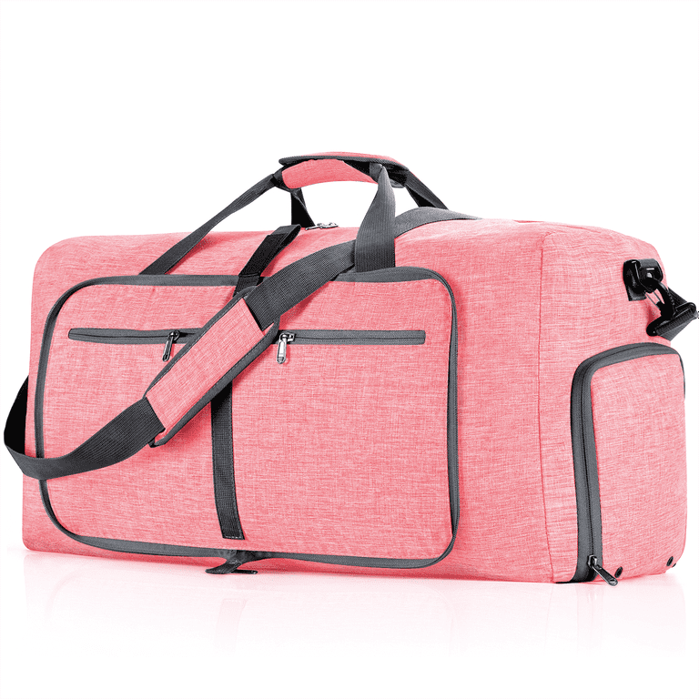 65L Foldable Duffel Bag Women, 24 Travel Bag with Shoes Compartment, Weekender  Bag for Women with Trolley Sleeve for Men and Women Waterproof & Tear  Resistant, Large Duffle Bag for Travel, Pink 