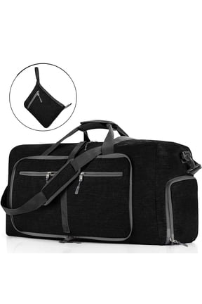 65L Large Foldable Travel Duffle Bag, Black Duffel Bag for Men Women, Foldable Gym Bag with Shoes Compartment, Overnight Bags Waterproof & Tear Resistant