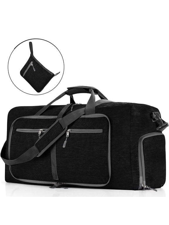65L Large Foldable Travel Duffle Bag, Black Duffel Bag for Men Women, Foldable Gym Bag with Shoes Compartment, Overnight Bags Waterproof & Tear Resistant