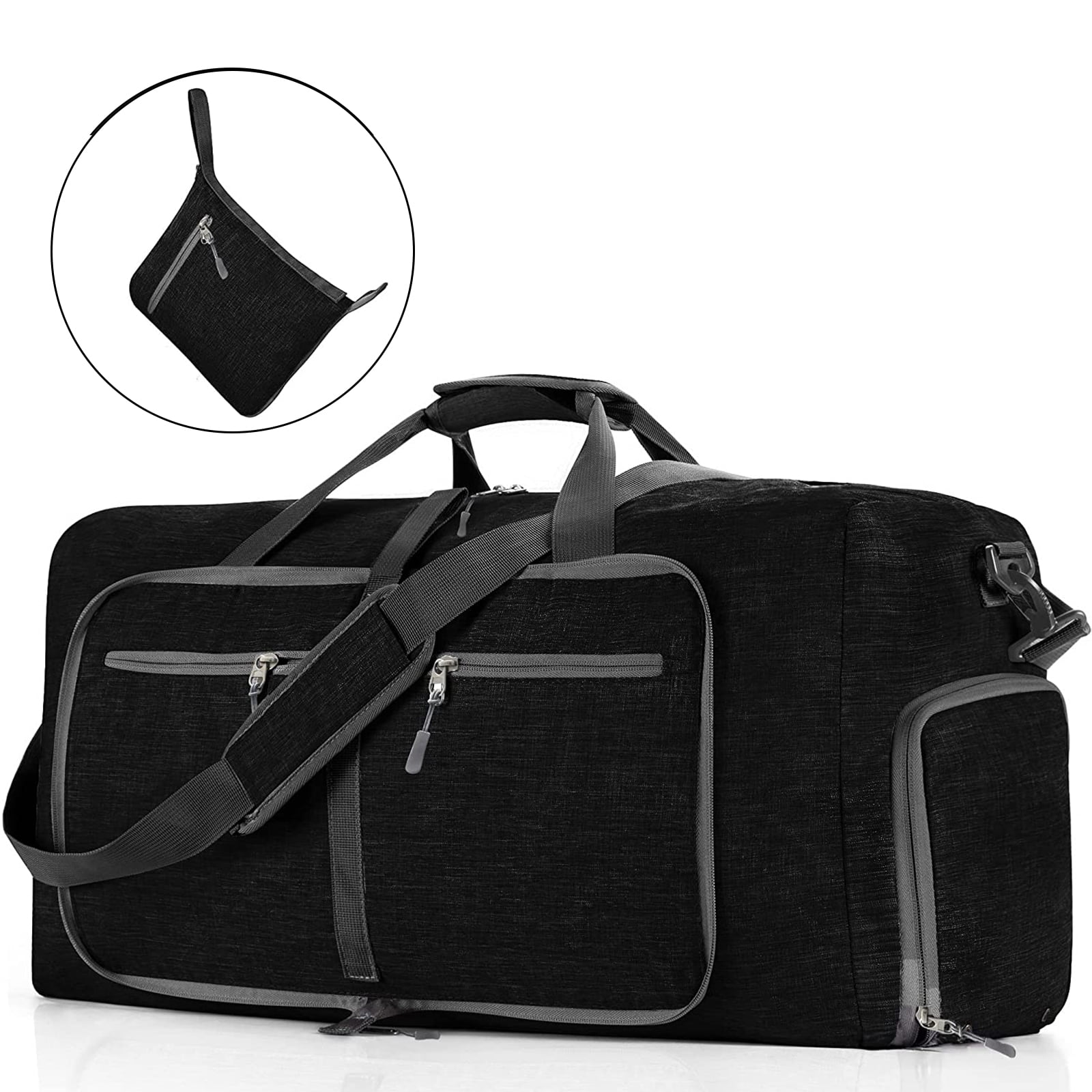 65L Large Foldable Travel Duffle Bag, Black Duffel Bag for Men Women,  Foldable Gym Bag with Shoes Compartment, Overnight Bags Waterproof & Tear  Resistant 