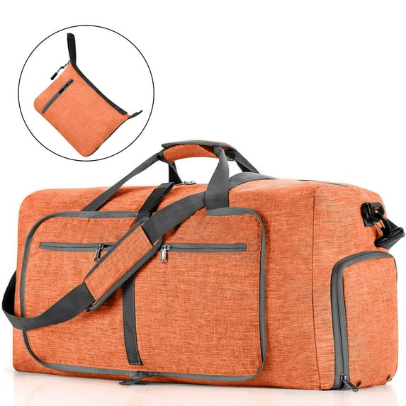 65L Large Foldable Travel Duffle Bag, Overnight Bags with Shoes Compartment, Packable Water Repellent Duffel Bag for Camping, Lightweight Gym Weekender Bag(Orange)