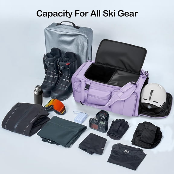 65L Ski Boot Bag Backpack, Waterproof Snowboard Boot Bag with Detachable 20L Shoe Bag, PU Material Ski Backpack for Helmet, Goggles, Gloves, Pants, Jacket & Snowboard Gear - for Men & Women