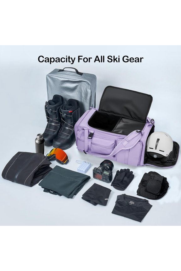 65L Ski Boot Bag Backpack, Waterproof Snowboard Boot Bag with Detachable 20L Shoe Bag, PU Material Ski Backpack for Helmet, Goggles, Gloves, Pants, Jacket & Snowboard Gear - for Men & Women