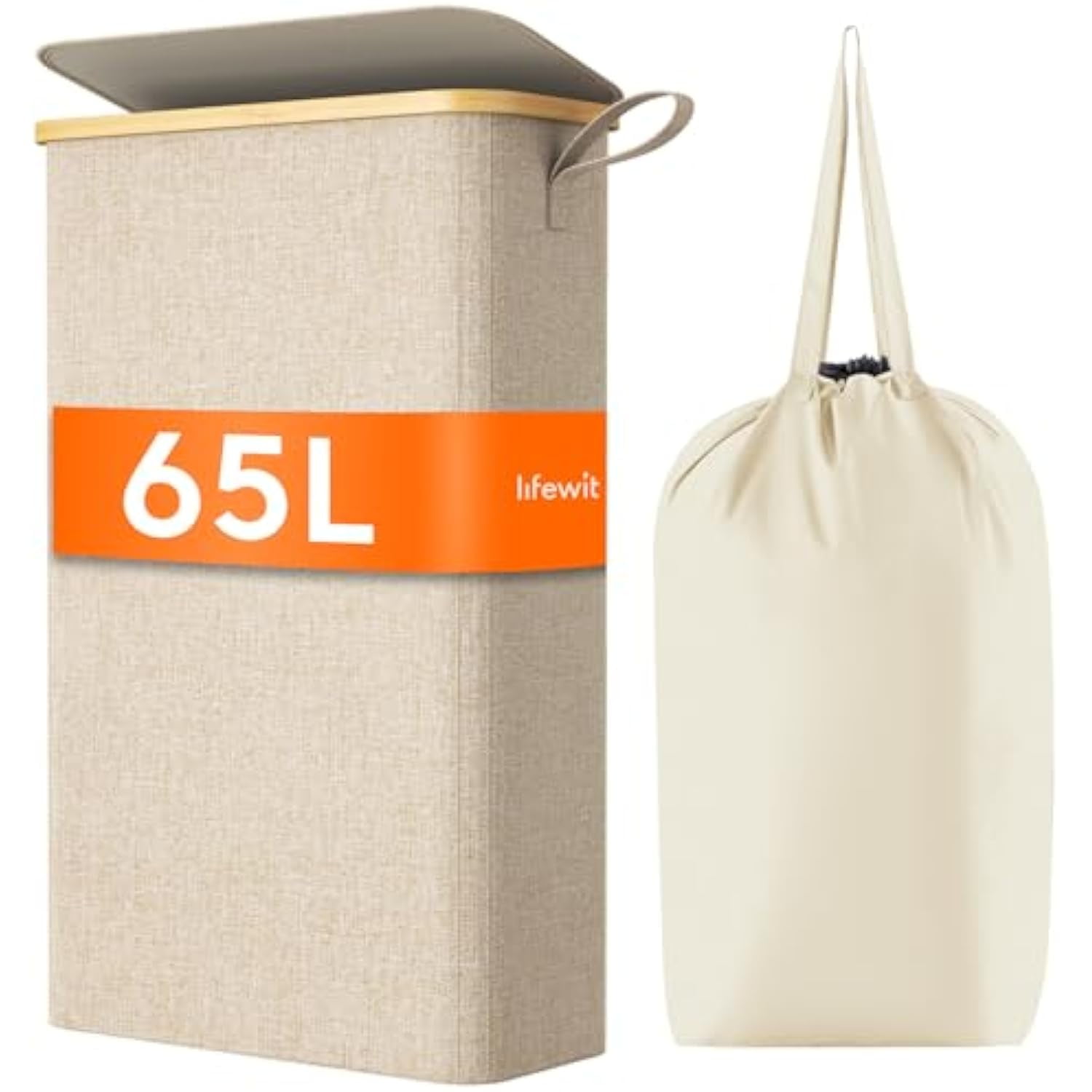 Slim Beige Polyester Collapsible Laundry Hamper with Wheels and Lid