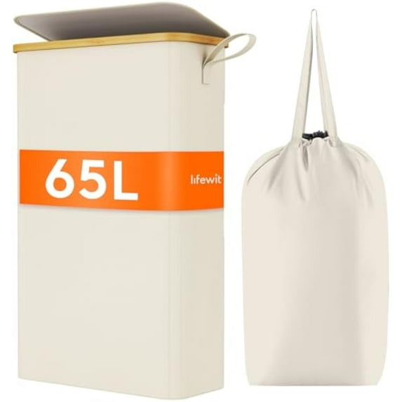 65L Slim Laundry Hamper with Lid, Narrow Laundry Basket with Removable Bag & Bamboo Handles, Fodable Thin Dirty Clothes Hamper for Laundry Collapsible Bin for Bathroom Bedroom Dorm, White