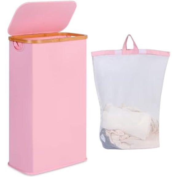 65L Slim Laundry Hamper, Narrow Laundry Basket with Lid,Foldable Clothes Hamper with Bamboo Handles,Hamper Basket with Removable Inner Bag for Laundry Room Bedroom College Dorm,17.17 Gals Pink