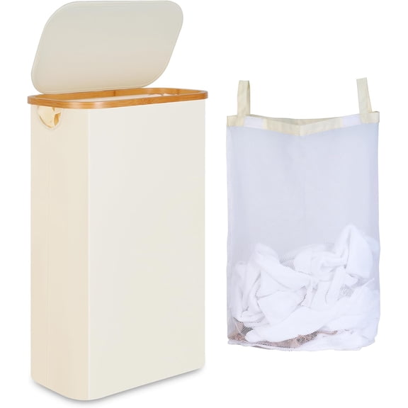 L Slim Laundry Hamper, Narrow Laundry Basket with Lid,Foldable Clos Hamper with Bamboo Handles,Hamper Basket with Removable Inner Bag for Laundry Room Bedroom College Dorm,. Gals