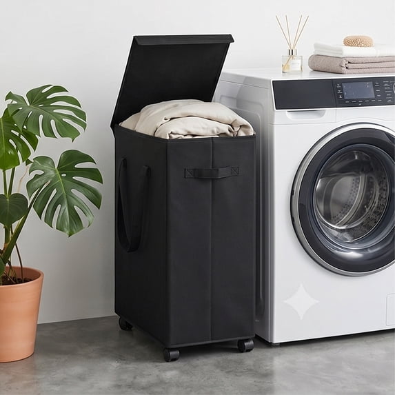 65L Slim Rolling Laundry Hamper with Lid Foldable Fabric, Dirty Clothes Basket with Wheels and Handles, Space Saving Durable, Bathroom Bedroom Laundry Storage Home Use