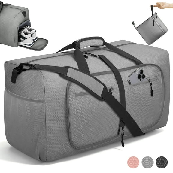65L Large Duffle Bag for Travel - Foldable Men Women Duffel Bag with Shoes Compartment - Gym Overnight Bags Waterproof & Tear Resistant(Gray)