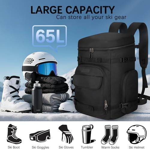 65L Waterproof Ski Boot Bag, Heavy Duty Snowboard Backpack for Helmet Goggles Gear, Air Travel Winter Sports Bag