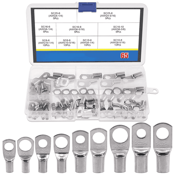 65Pcs Assorted Heavy Duty Wire Lugs Battery Cable Tinned Copper Eyelets Tubular SC Ring Terminals Connectors with Spy Hole Assortment Kit