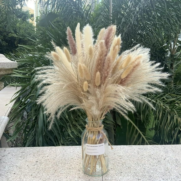 65Pcs Dried Pampas Grass Decor, Boho Home Wedding Party Decor Dried Flowers Arrangements White & Natural Pampas Grass, Reed, Bunny Tails