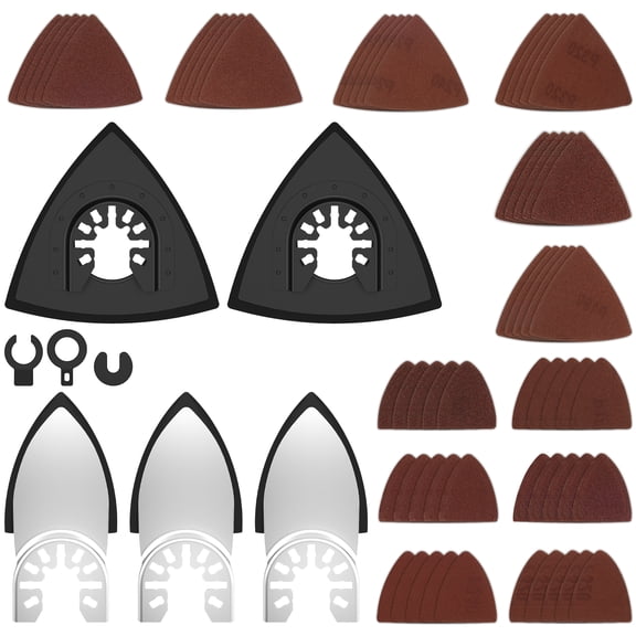65Pcs Oscillating Tool Sanding Pads Kit Universal Hook and Loop Triangle Sanding Pad Multipurpose Triangle Sandpaper Assorted Finger Sanding Pad 60/80/120/180/240/320 Grit