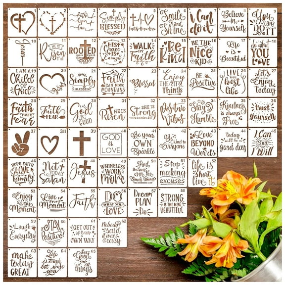 65Pcs Reusable Stencils for Painting on Wood, 3 Inch Craft Stencil Templates for Wall Card Rock Signs Coasters Canvas Home Decor, Bible Words Design, White