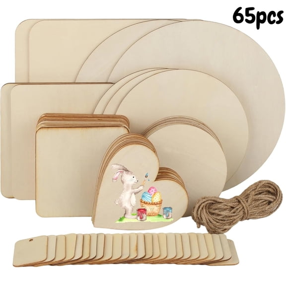 65Pcs Unfinished Wood Craft Boards Set with Rope, Natural Round, Square & Heart Wooden Slices Cutouts for Painting, Writing and DIY Crafts, Decorative DIY Blank Discs for Home Decor and Gift Making