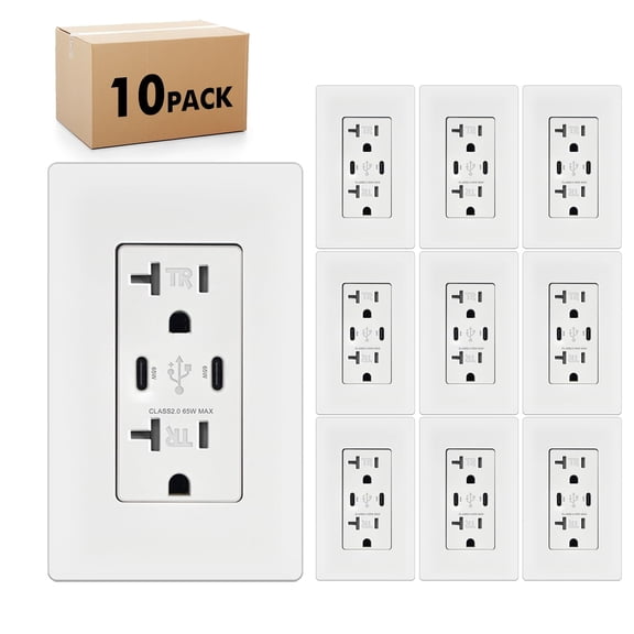 65W 2-Port USB C Wall Outlet, PD 3.0 GaN Tamper-Resistant 15 Amp Electrical Receptacle with Dual Type C Ports, Fast Charging for Phone/Laptop Screwless Wall Plate Included, ETL Listed