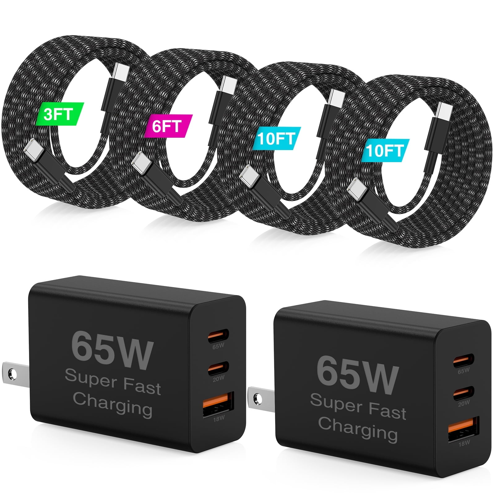 65W 3-Port Super Fast Charger Type C, PD USB C Charger Block, 4-Pack Braided USB C Cables (3/6/6/10FT), Multi Port Charging Cord for iPhone 17/16/15, Samsung Ga