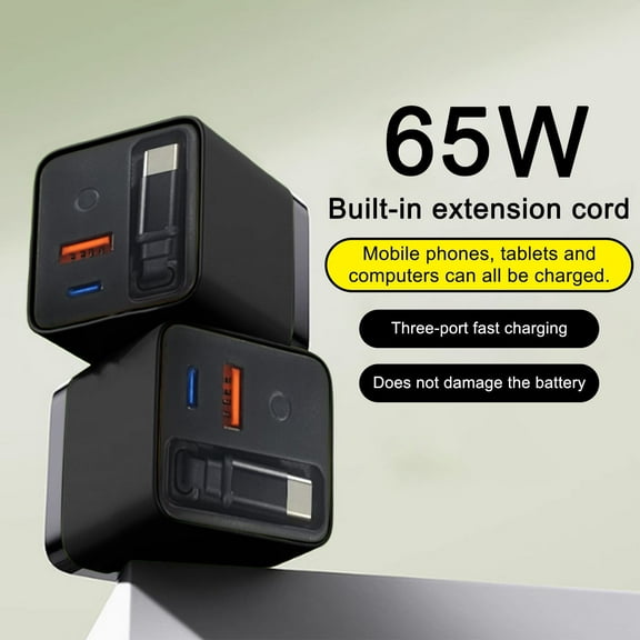 65W 3-in-1 Retractable Wall Charger | Fast Charging USB-C Cable & 2 USB Ports | 65W Max Output for Phones, Laptops, Tablets | Foldable Plug for Travel | White/Green/Yellow