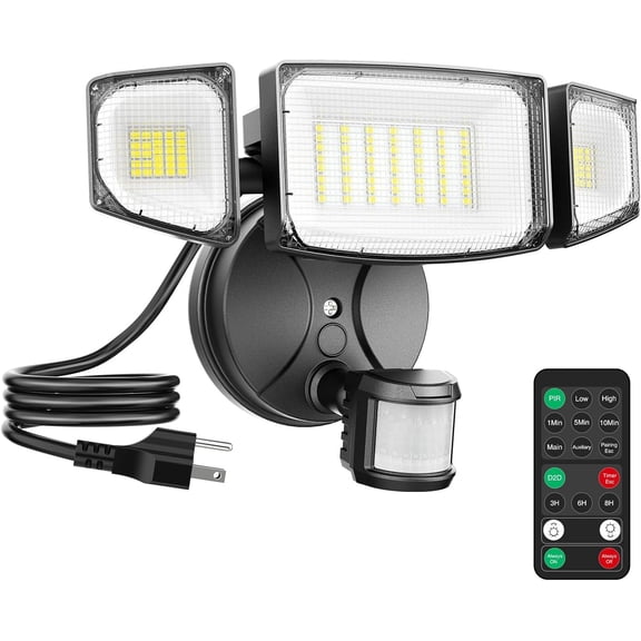 65W 6500LM Motion Sensor Outdoor Light Plug In LED Security Lights 3 Heads Motion Detection Outdoor Light Dusk to Dawn IP65 Waterproof Flood Light with Remote Control for Yard Garage(Black)