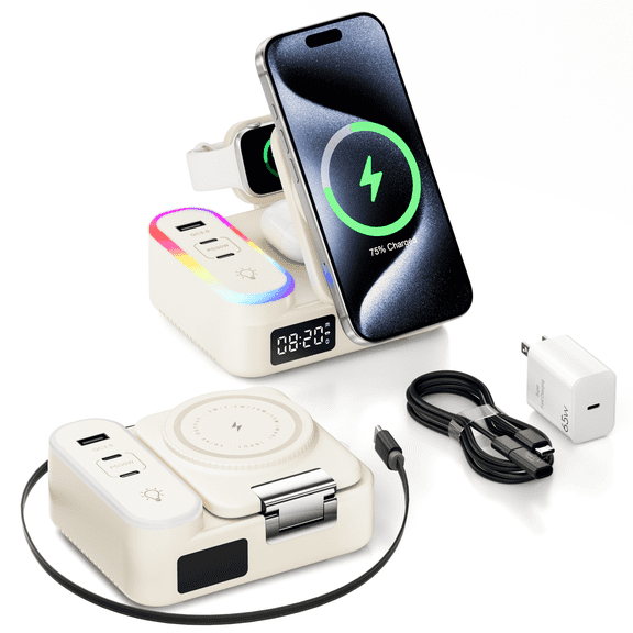 65W 8-in-1 Foldable Wireless Charging Station with Magnetic Stand, 30W USB-C & 15W Fast Charger, RGB Light & Clock, for Desk Nightstan White