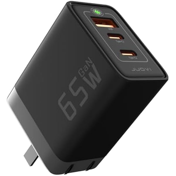65W Charger, J1611 GaN Charger, 3 Ports Fast Charging Brick, Foldable Wall Charger, Compatible with HP Spectre, MacBook Pro/Air, Dell XPS 13, iPad Pro, iPhone 15/Pro, Galaxy S23, Apple Watch