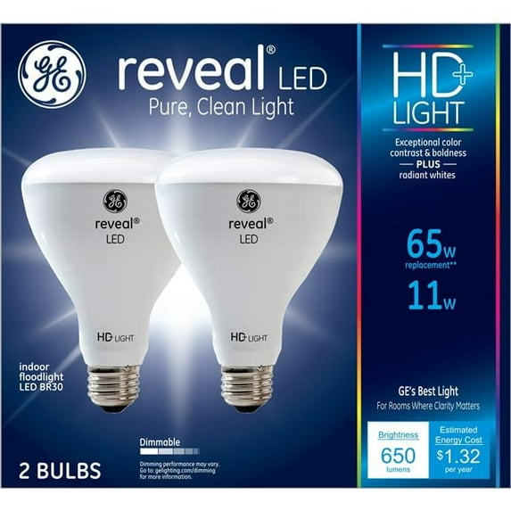 65W Equivalence Reveal BR30 E26 Medium LED Floodlight Bulb, Soft White - Pack of 2
