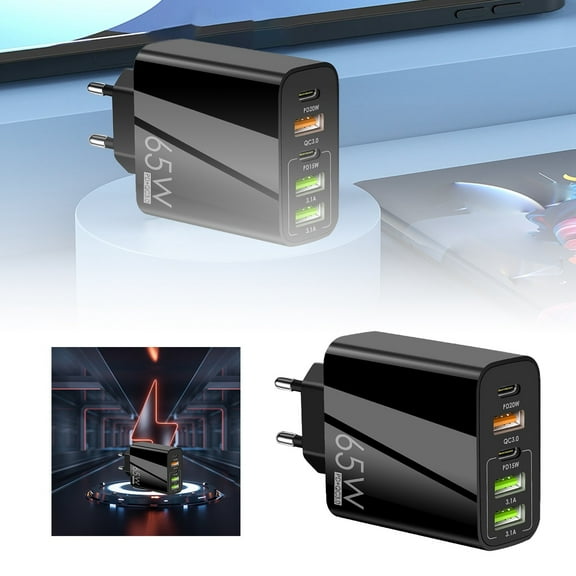 65W Fast Charging Wall Charger - 3-USB Port EU/UK/US Plug, Power Delivery for Phones/Tablets/Laptops