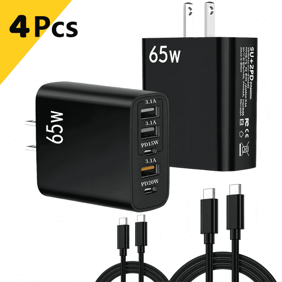 Fast USB C Charger Block, 4 Pack (2 Charger Blocks   2 Charger Cables) 5-Port USB C Wall Charger, Fast Charging USB-C PD up to 20W Power Adapter, Type C Brick Chargers, Black