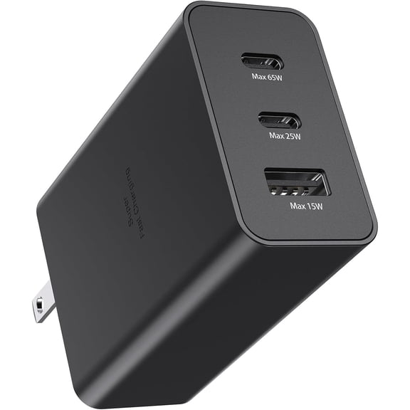 65W GaN 3-Port Super Fast Charger, Foldable USB C Wall Charger PD PPS Fast Charging Adapter Compatible with Samsung Galaxy S26/S25/S24/S23/S22 Ultra/Plus, MacBook, Dell, HP, Lenovo Laptops, Charge 3