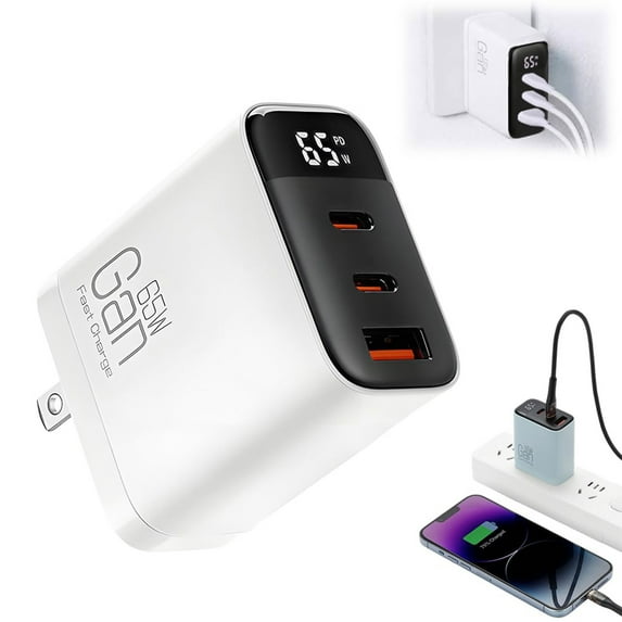 65W GaN Charger with Digital Display - 3-in-1 USB C Fast Charging Block for Laptop/Phone