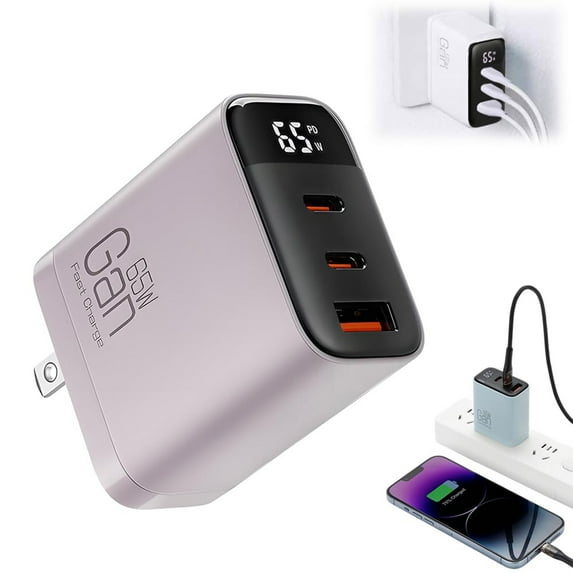 65W GaN Charger with Digital Display - 3-in-1 USB C Fast Charging Block for Laptop/Phone