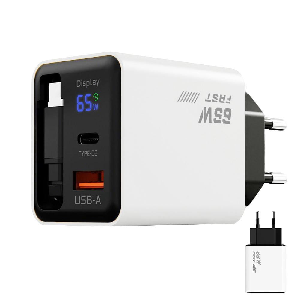 Tablet Computer Charger 65W GaN Fast Charger with Retractable USB-C Cable, Digital Display Wall ...