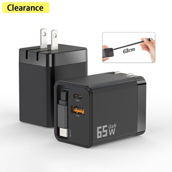 65W GaN Retractable Wall Charger, Built-in USB-C Cable Dual Port PD PPS Fast Charging for iPhone 17 Pro Max, Galaxy S24, and Android Devices