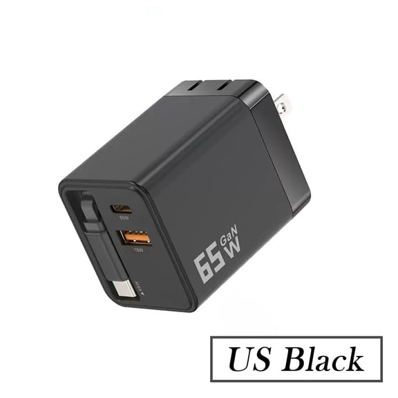 65W GaN Retractable Wall Charger, Built-in USB-C Cable Dual Port PD PPS Fast Charging for iPhone 17 Pro Max, Galaxy S24, and Android Devices
