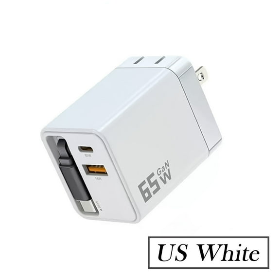 65W GaN Retractable Wall Charger, Built-in USB-C Cable Dual Port PD PPS Fast Charging For MacBook iPhone 17 Pro Max Galaxy S24 Lenovo IdeaPad