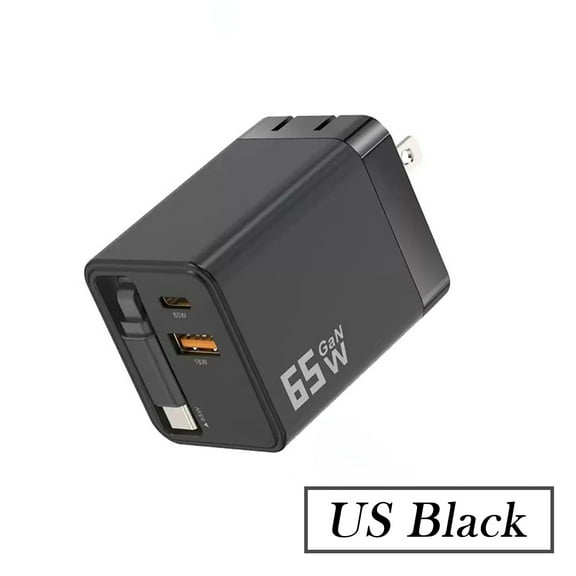 65W GaN Retractable Wall Charger, Built-in USB-C Cable Dual Port PD PPS Fast Charging For MacBook iPhone 17 Pro Max Galaxy S24 Lenovo IdeaPad