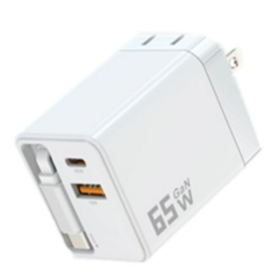 65W GaN Tri-Port Desktop Charger with Self-Winding 65cm Retractable Power Adapter for Laptops and Phones Type-C and USB-A Compact FCC CE Certified Portable Desktop Dock