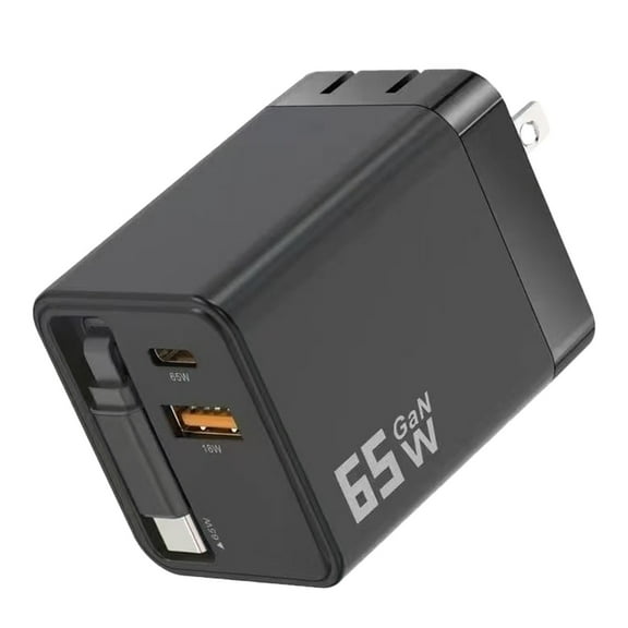 65W GaN Tri-Port Desktop Charger with Self-Winding Cord Retractable Type-C USB-A Power Adapter for Laptop and Phone Compact Desktop 65cm Cord FCC CE Certified