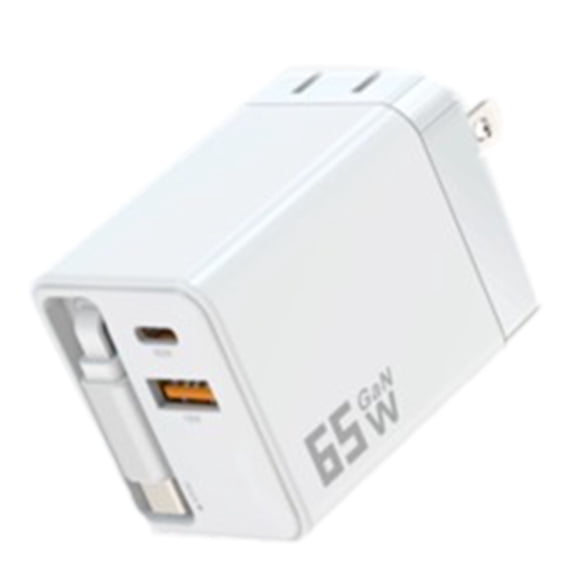 65W GaN Tri-Port Retractable Charger with Self-Winding Type C and USB A 65cm Cord for Laptop Phone Compact FCC CE White