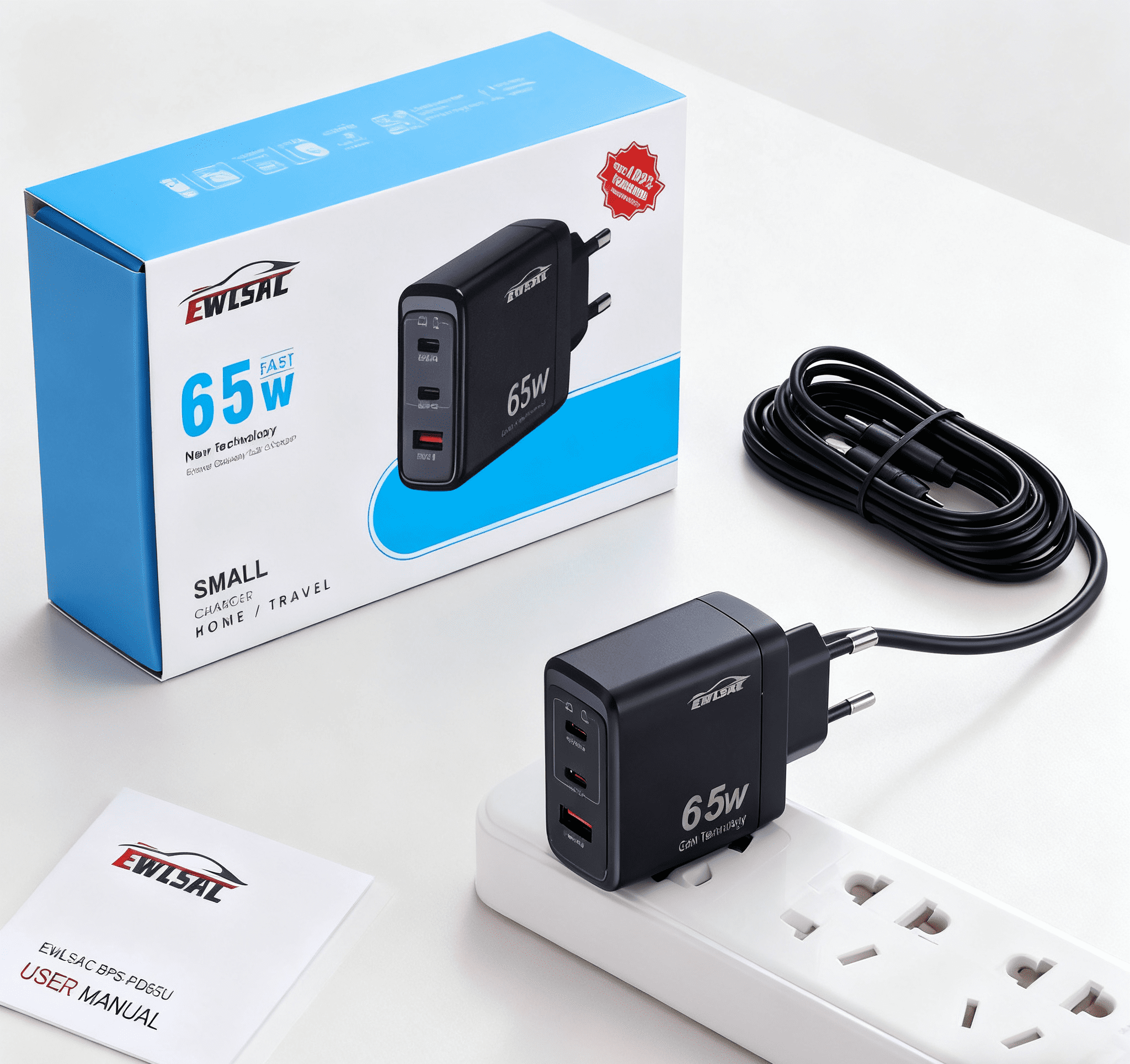 65W GaN Triple-Port USB Wall Charger | Fast PD Charging Station (EU Plug) - Compatible for iPhone 16 Pro/16/15, for Samsung S24/S23, and Tablets | Portable Travel Power Adapter
