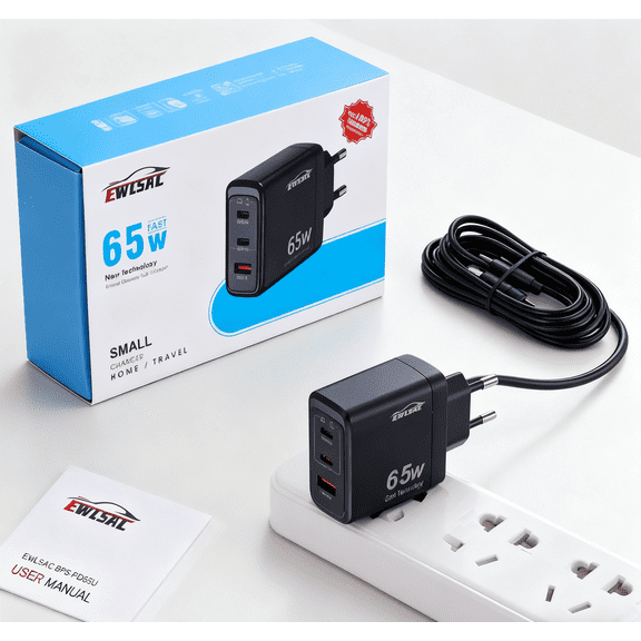 65W GaN Triple-Port USB Wall Charger | Fast PD Charging Station (EU Plug) - Compatible for iPhone 16 Pro/16/15, for Samsung S24/S23, and Tablets | Portable Travel Power Adapter