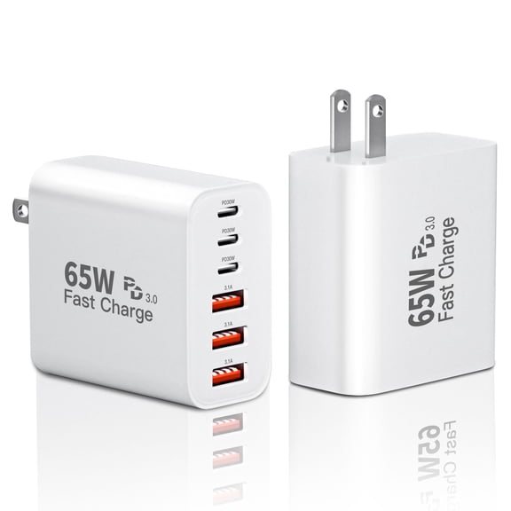 65W GaN USB C Charger Block,2-Pack 6-Port Fast Charging Wall Charger with PD & QC,3 USB-C & 3 USB-A Multiport Charging Cube Brick for iPhone 17/17 Air/17 Pro/17 Pro Max/16/15/14/13/12/11,iPad,AirPods