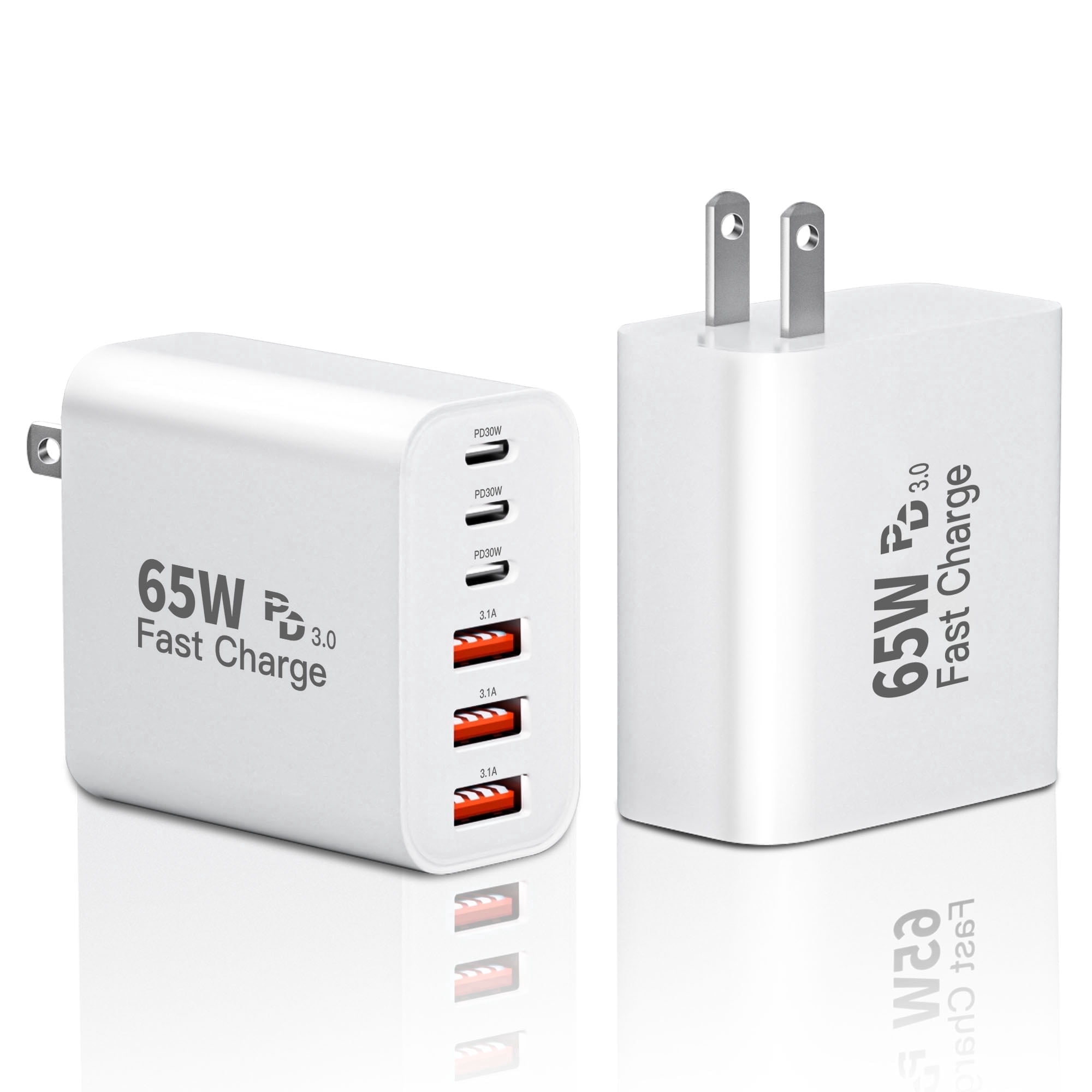 65W GaN USB C Charger Block,2-Pack 6-Port Fast Charging Wall Charger with PD & QC,3 USB-C & 3 USB-A Multiport Charging Cube Brick for iPhone 17/17 Air/17 Pro/17 Pro Max/16/15/14/13/12/11,iPad,AirPods