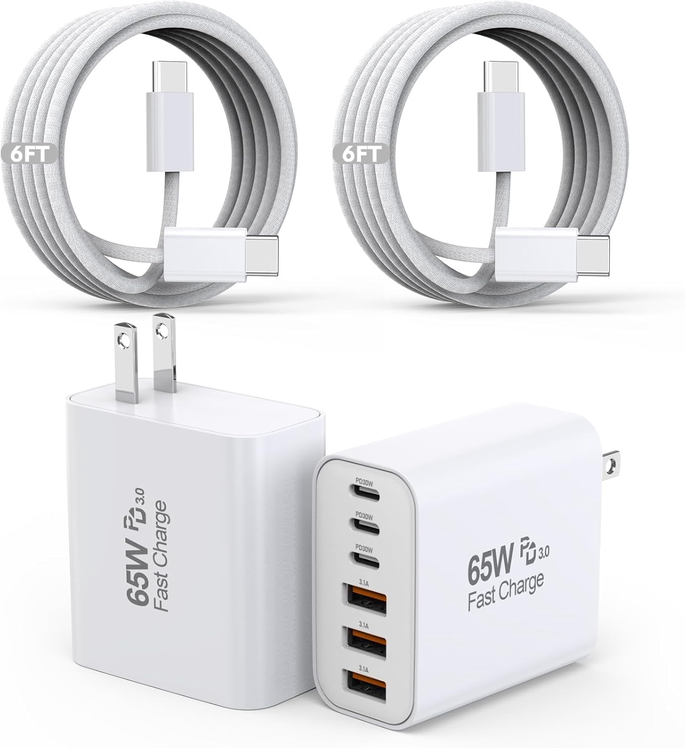 65W GaN USB C Wall Charger 2-Pack, 6-Port (3C+3A) PD 3.0&QC 3.0 Fast Charging Cube, 6ft Durable Woven Cable, Multi-Device Charger for iPhone 17-13/Samsung Galaxy/iPad/AirPods