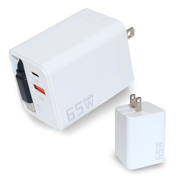 65W GaN Fast Retractable Wall Charger with 2.62inch Retractable Cable, Foldable Plug & Triple Port for Home/Travel/Office White
