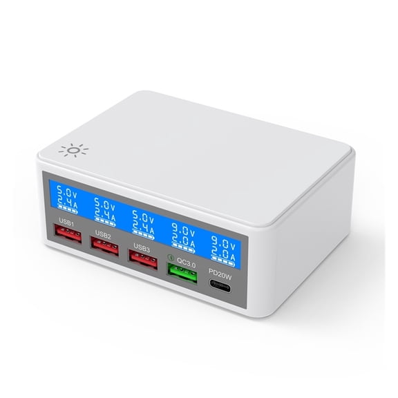 65W Multi 4 Port USB Fast Charging Station,Quick Charge QC3.0 PD 20W Wall Charger Hub With LCD For Phone Tablet ,Multi-Device Charger