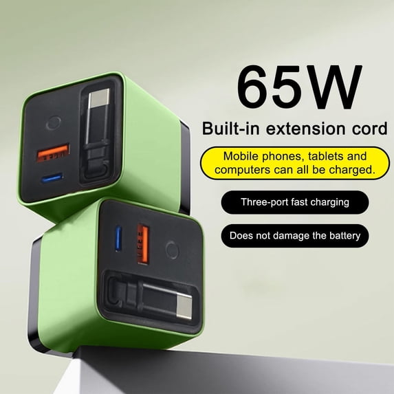 65W Retractable Fast Charger with Built-in 60cm Type-C Cable & 2 USB Ports, 3-in-1 Telescopic Wall Plug – Tangle-Free Travel Charging Station for Phone Laptop