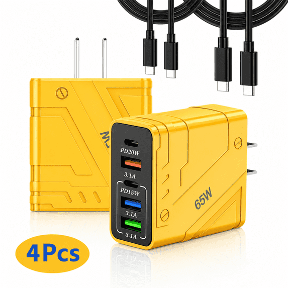 QINIUXO 65W USB C Charger Block Set, 4 Pcs (2 Charger Blocks + 2 Charging Cables) 5-Port USB C Wall Charger, Fast Charging Block, Type C Power Adapter Phone Charger for Phones & Tablets, Yellow