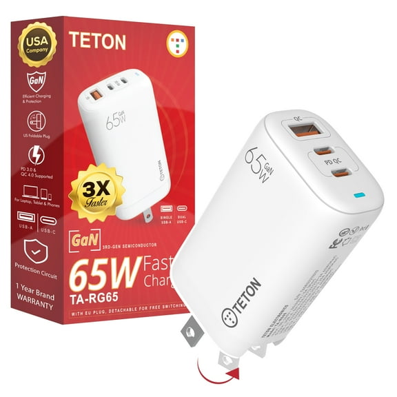 65W USB C Charger TETON ELECTRONICS, 3-Port Fast GaN Charger Block,Foldable Wall Charger Laptop Charger for MacBook Pro/Air, Dell XPS, iPhone 15 Pro Max/14/13, iPad Pro, Galaxy S23/S22, Steam Deck