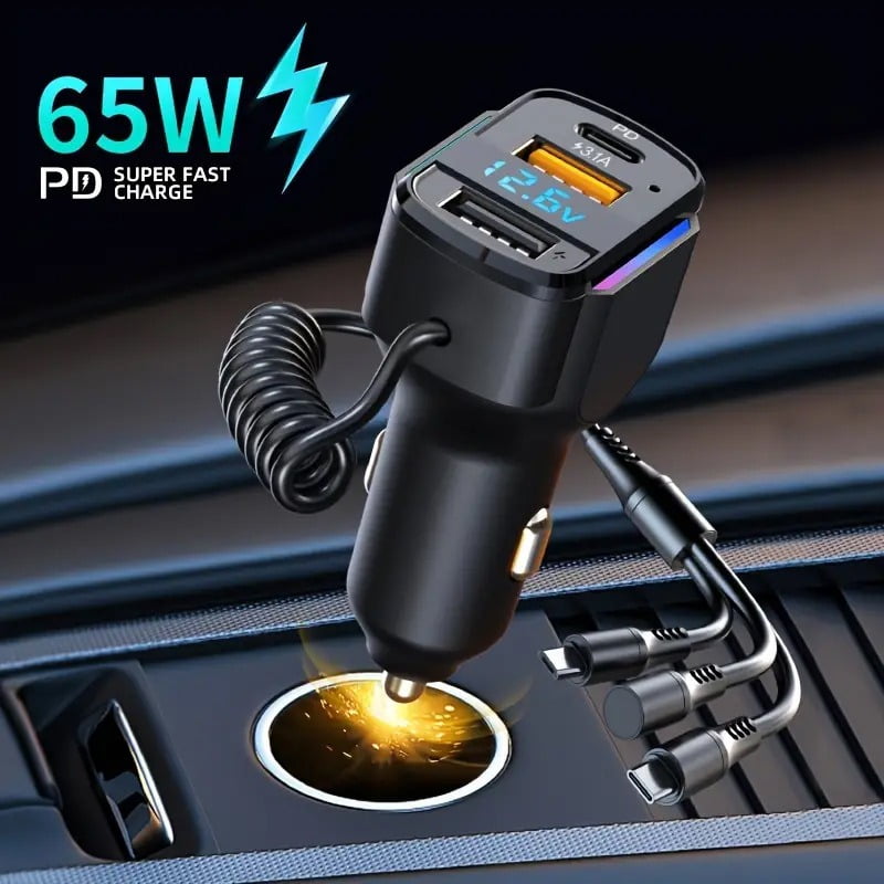 65W USB C Fast Car Charger with PD Quick Charge, Dual Port Cigarette Lighter Car Charger with LED Display, 3 in 1 Elastic Charging Cable, for iPhone and Android